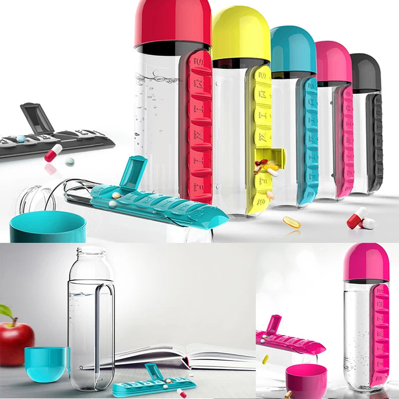 Portable 600ml Water Bottle with Built-In Pill Organizer for Hydration and Medication Organization