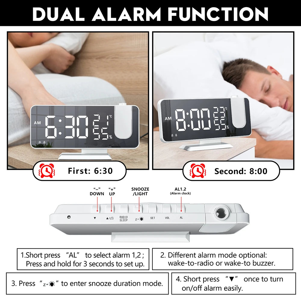 Smart Projection FM Radio Alarm Clock with LED Display and USB Charging Station