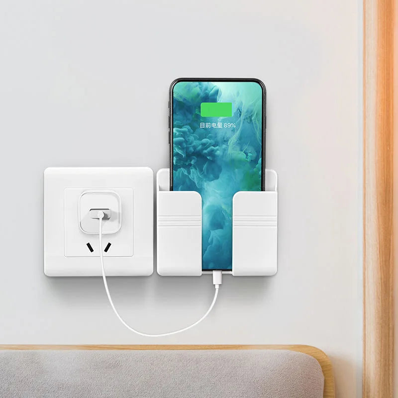 Universal Wall-Mounted Phone Holder and Charging Dock with Remote Control Storage