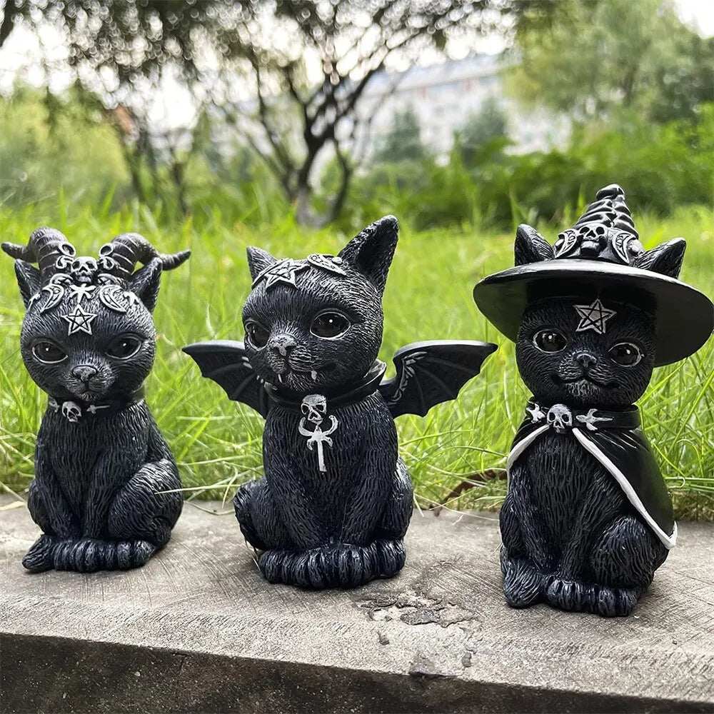 Enigmatic Witch Cat Figurine - Hand-Painted Halloween Decor Piece