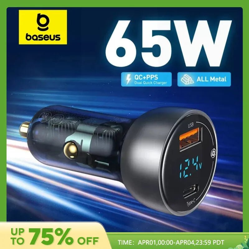65W Dual Port Fast Car Charger with Type C and PD QC Technology for Laptops and iPhones