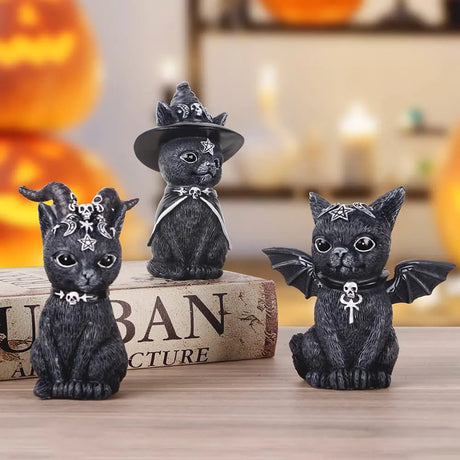 Enigmatic Witch Cat Figurine - Hand-Painted Halloween Decor Piece