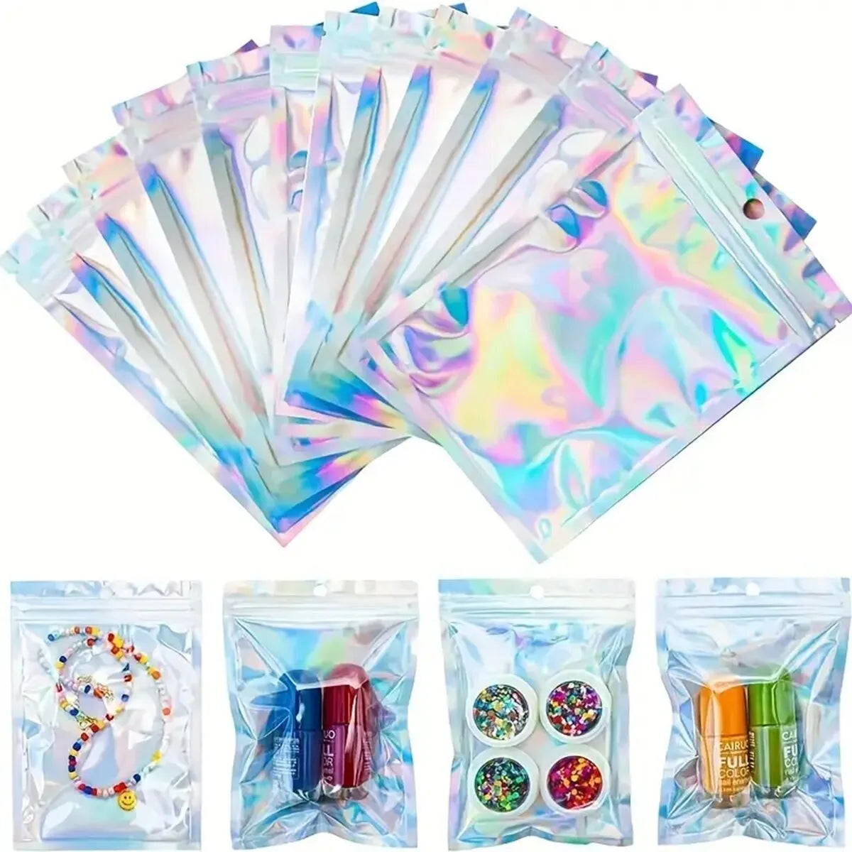 100-Piece Colorful Holographic Self-Sealing Candy and Gift Bags with Front Window