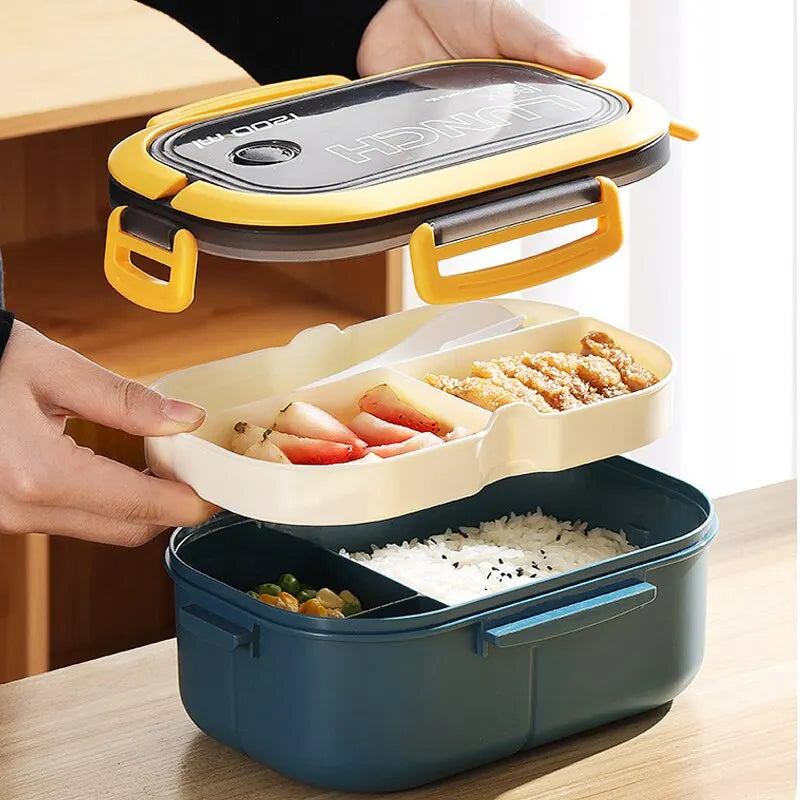 Portable Double-layer Lunch Box with Fork and Spoon - Ideal for Meals On-the-Go