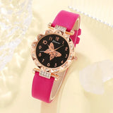 Women's Luxury 5PCS Quartz Watch Set with Red Leather Strap and Matching Accessories