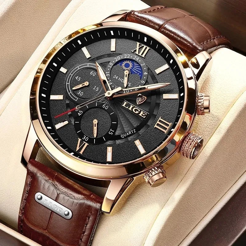 Premium Men's Luxury Quartz Watch with Waterproof Design and Luminous Hands - Brown Leather