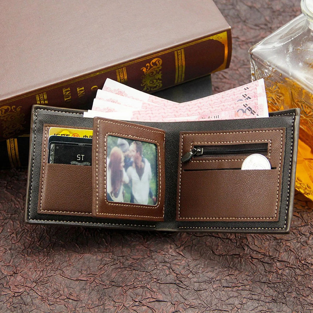 Vintage Men's Frosted Leather Wallet with Photo Holder