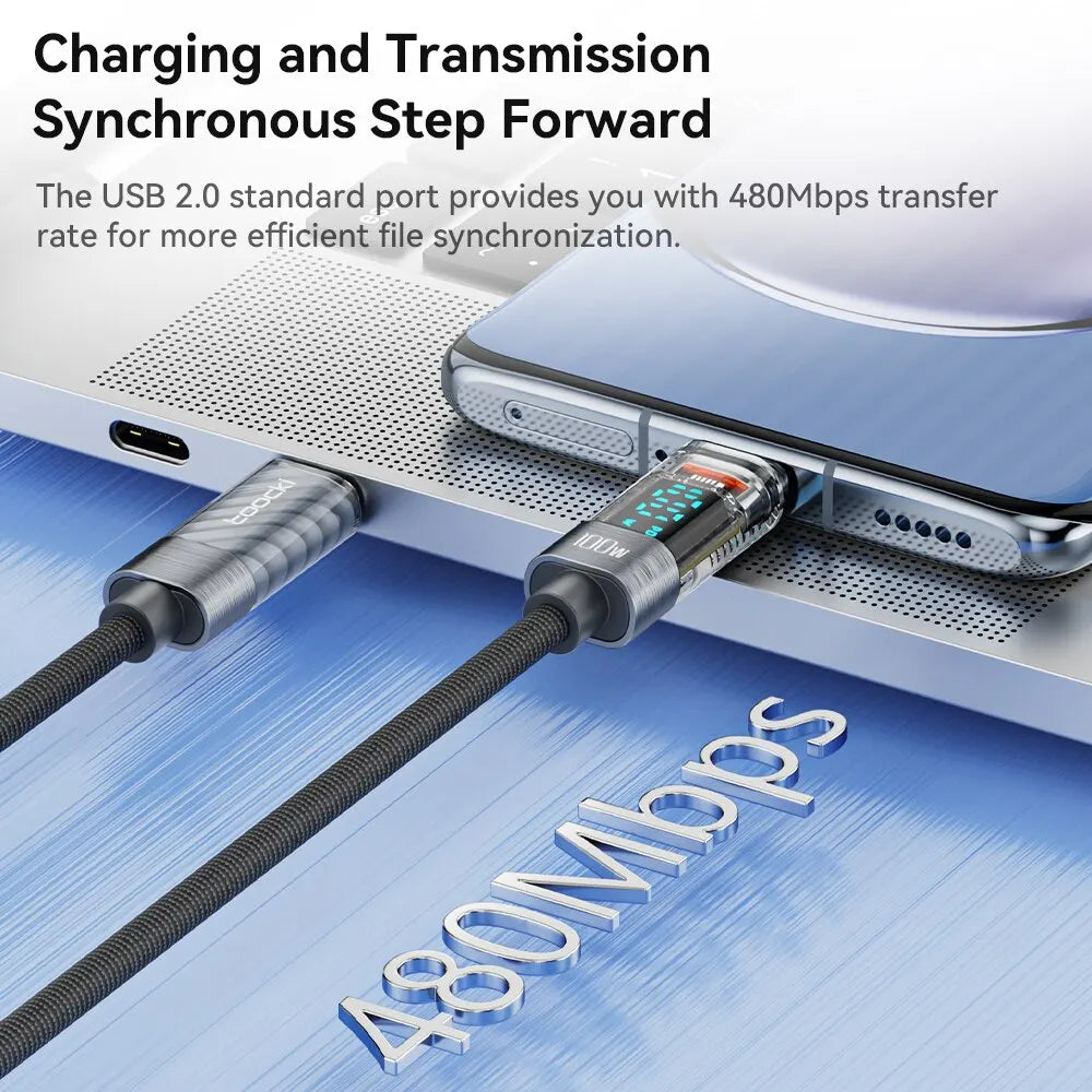 100W PD Display Transparent Type C to Type C Charging Cable