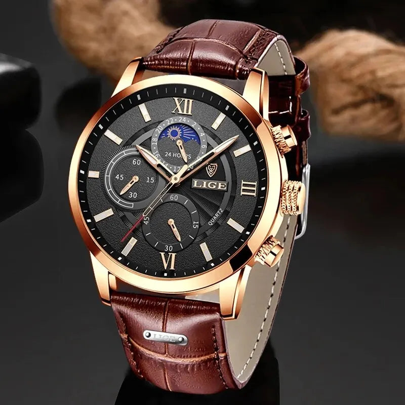 Premium Men's Luxury Quartz Watch with Waterproof Design and Luminous Hands - Brown Leather