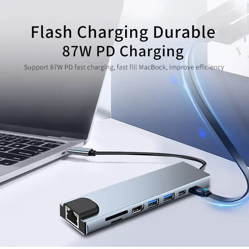 8-in-1 Multi-Functional USB Type-C Hub with 4K HDTV Output, SD/TF Card Reader, RJ45, and PD Fast Charging for MacBook and PC