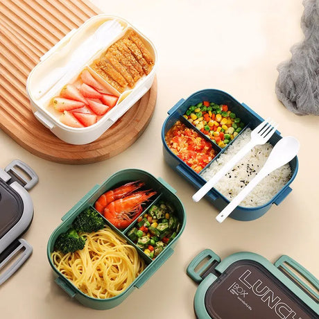 Portable Double-layer Lunch Box with Fork and Spoon - Ideal for Meals On-the-Go