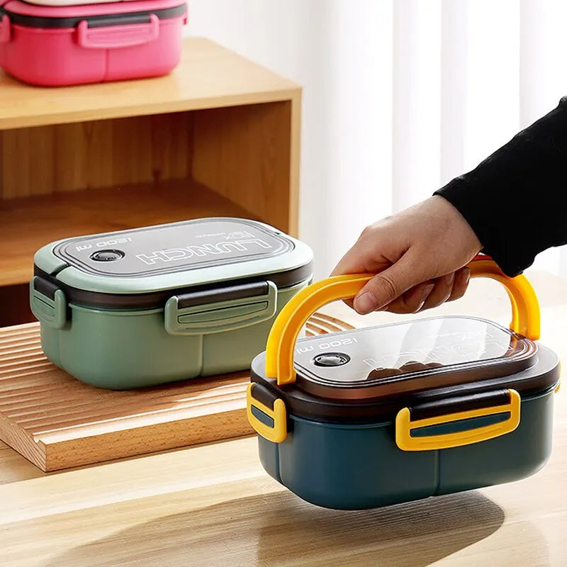 Portable Double-layer Lunch Box with Fork and Spoon - Ideal for Meals On-the-Go