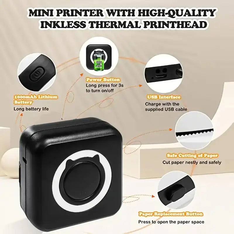 Mini Portable Wireless Thermal Printer for High-Quality Photo and Label Printing with USB Cable