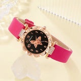 Women's Luxury 5PCS Quartz Watch Set with Red Leather Strap and Matching Accessories