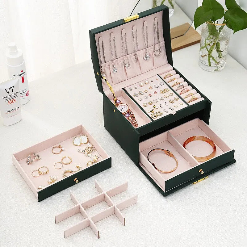 Elegant Tri-Level Lockable Leather Jewelry Storage Box
