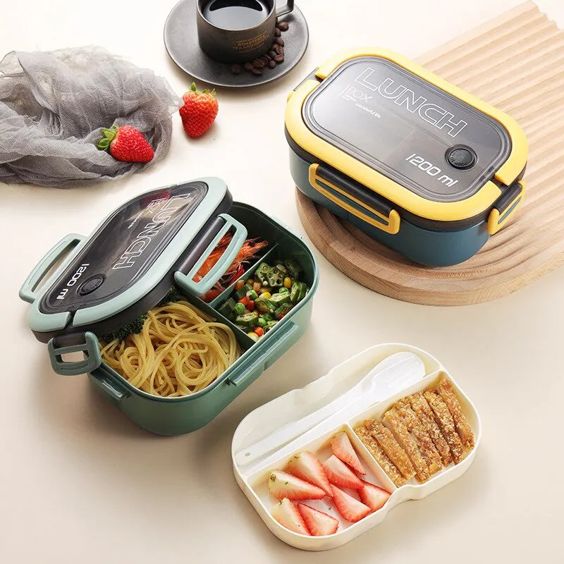 Portable Double-layer Lunch Box with Fork and Spoon - Ideal for Meals On-the-Go