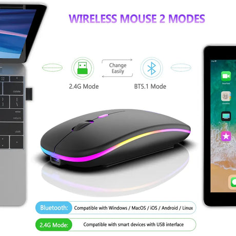 Wireless Dual Mode Ergonomic RGB Mouse - Rechargeable and Silent Click for PC iPad Laptop Cell Phone TV