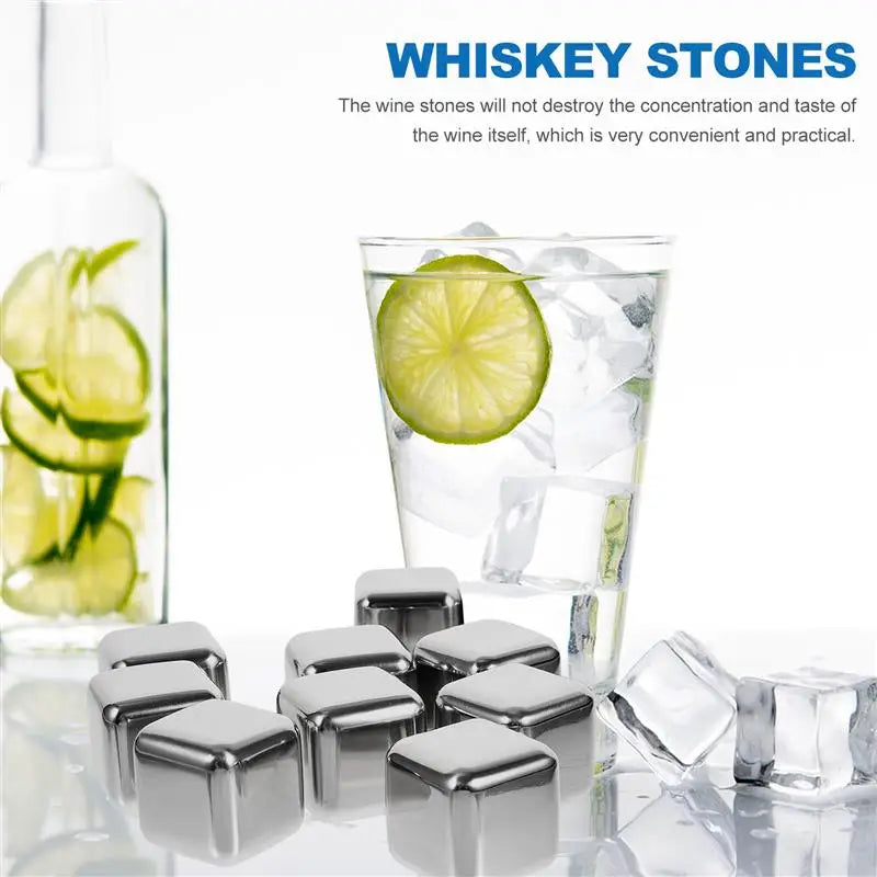 12-Set Superior Stainless Steel Reusable Stones Ice Cubes For Chilled Drinks - Wine, Beer, and Whisky