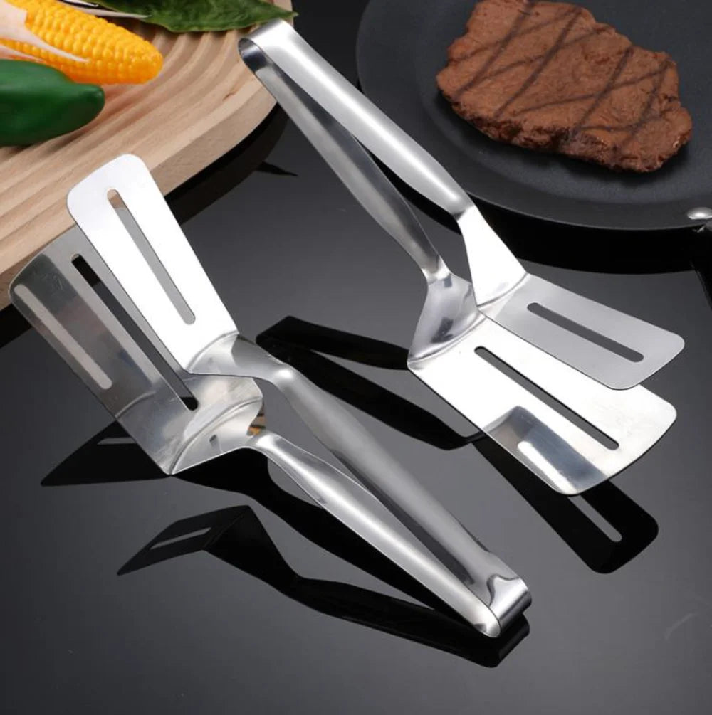 Multi-Use Stainless Steel Kitchen Tool - Frying Shovel, Steak Tongs, Fish Spatula, and Bread Clip