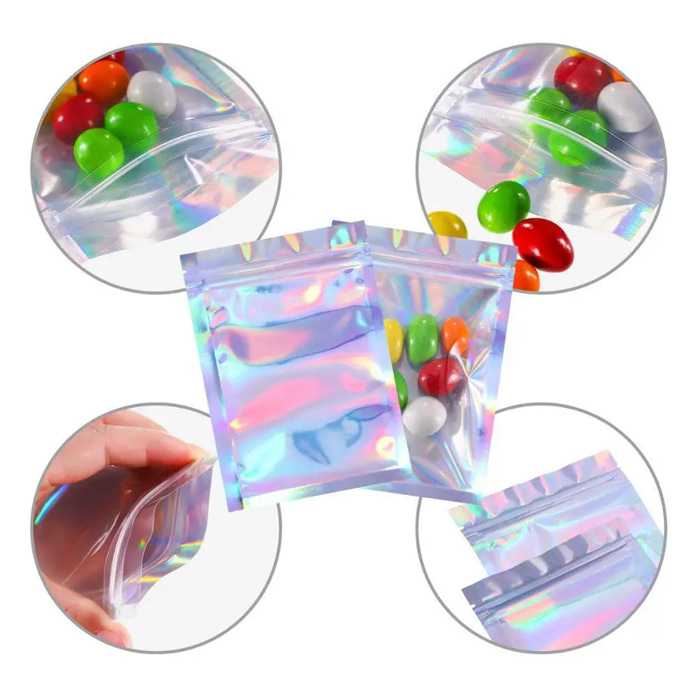 100-Piece Colorful Holographic Self-Sealing Candy and Gift Bags with Front Window