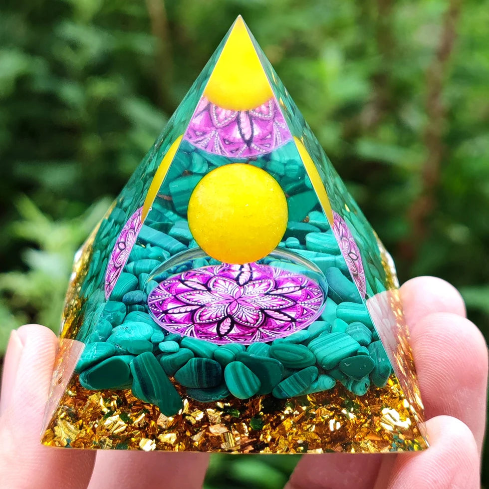 Amethyst and Peridot Energy Generator Orgone Pyramid - Healing Crystal Stone Home Decor Ornament