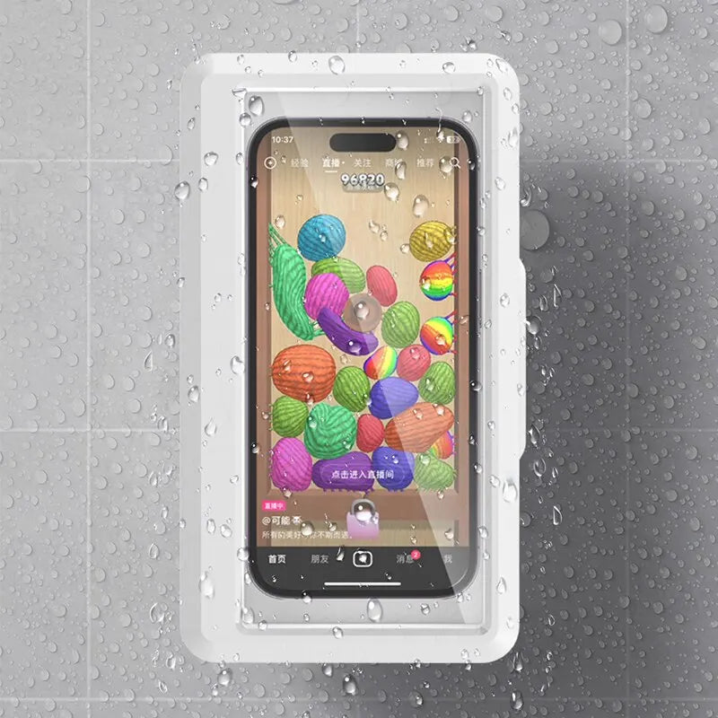 Shower Friendly Waterproof Phone Holder with Self-Adhesive Back and Touch Screen Access