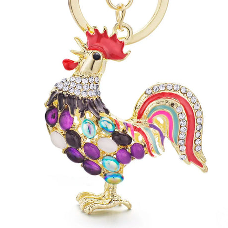 Opulent Opal Rooster Chicken Keychain with Rhinestone Embellishments