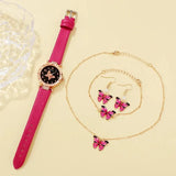 Women's Luxury 5PCS Quartz Watch Set with Red Leather Strap and Matching Accessories