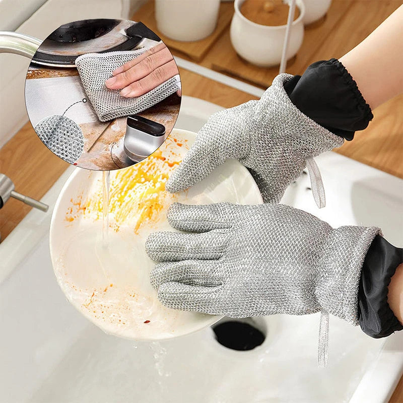 Efficient Dishwashing Gloves with Integrated Steel Wire Scrubber and Heat-Resistance