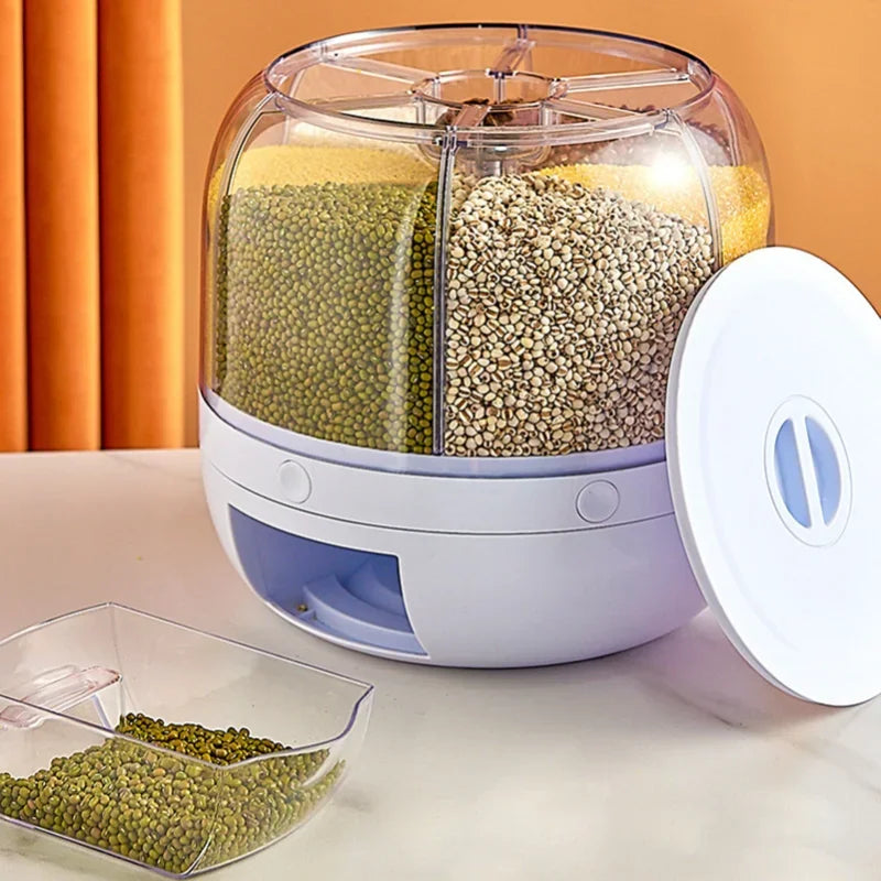 Multi-Compartment Rotating Grain Storage Dispenser with Moisture-Proof Sealing