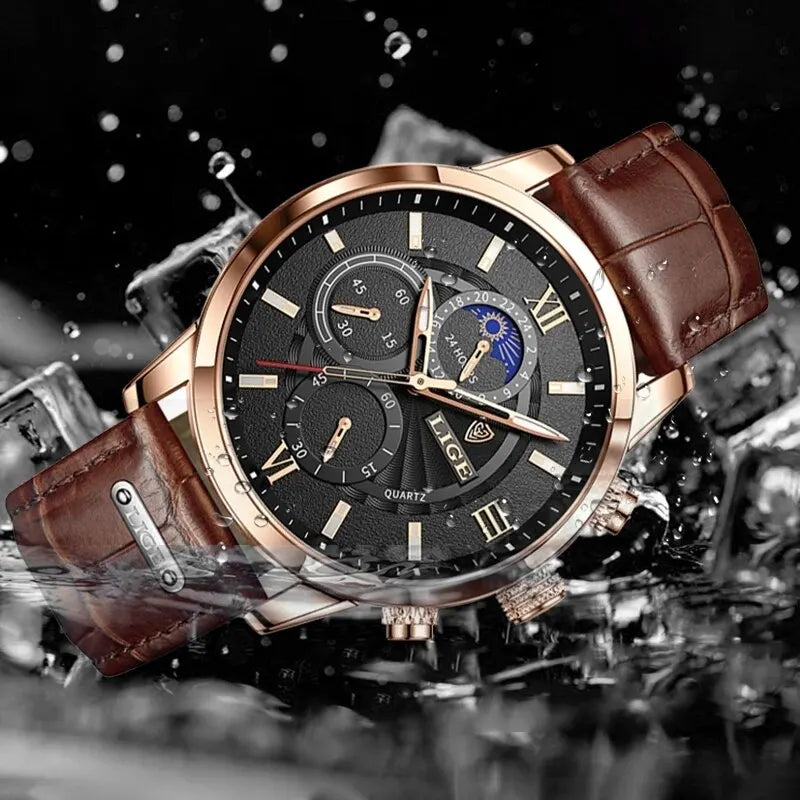 Premium Men's Luxury Quartz Watch with Waterproof Design and Luminous Hands - Brown Leather