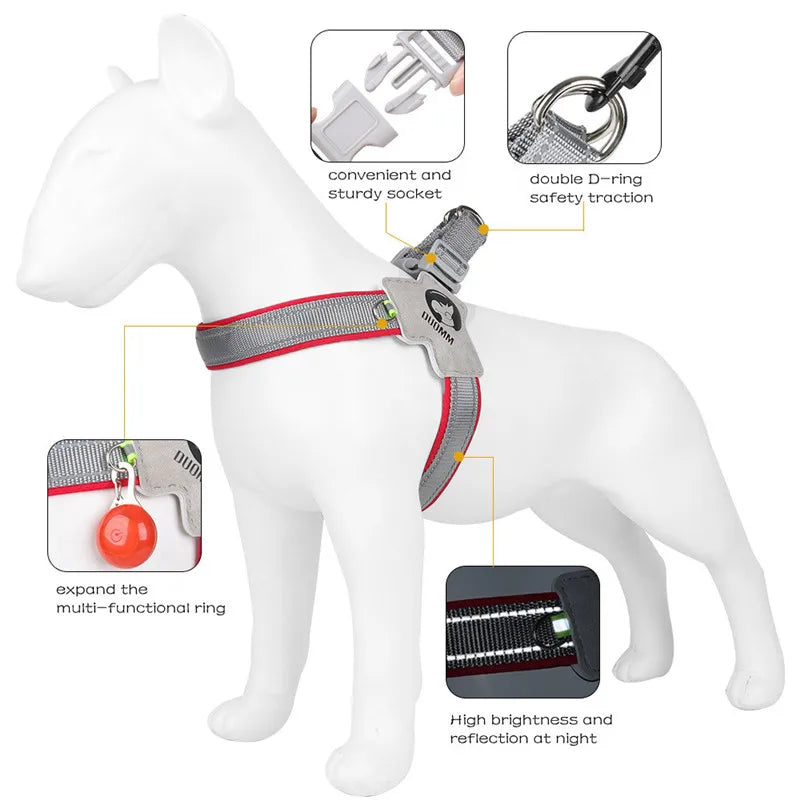 Adjustable Mesh Dog Harness Vest for Small Large Dogs - Reflective Chest Strap and Training Tool