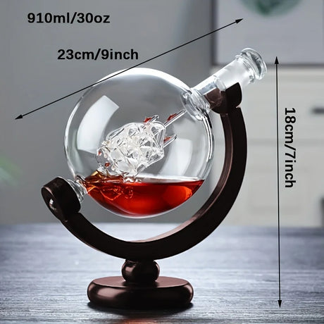 Artisan Whiskey Experience Set: Globe-Inspired Decanter with Wooden Stand and Two Glasses, Lead-Free and Eco-Conscious