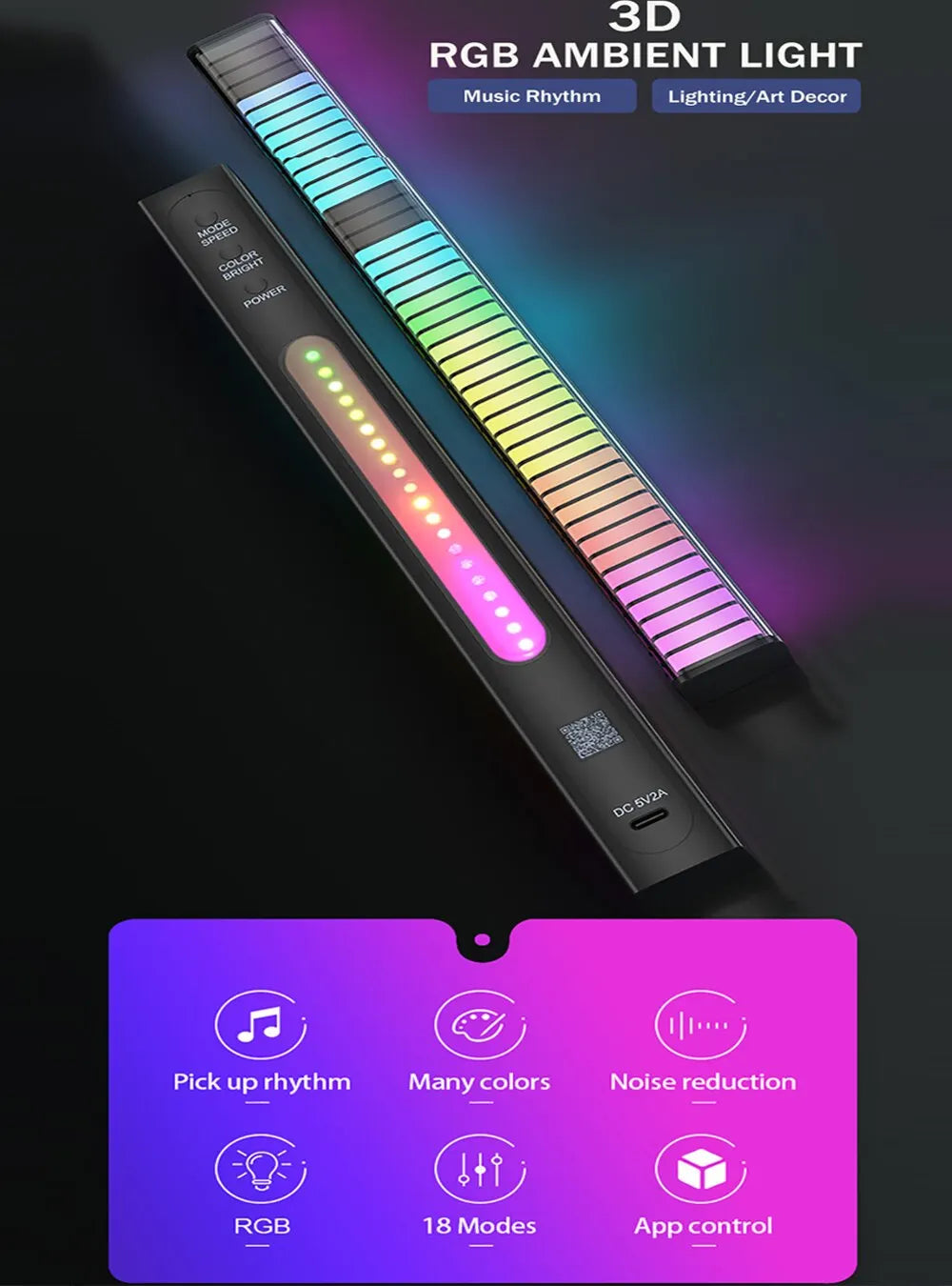 RGB Music Sync 3D LED Ambient Lighting with APP and Sound Control for Car and Gaming Decorations