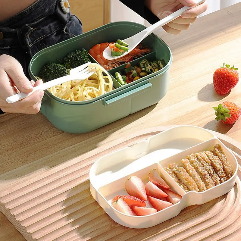 Portable Double-layer Lunch Box with Fork and Spoon - Ideal for Meals On-the-Go