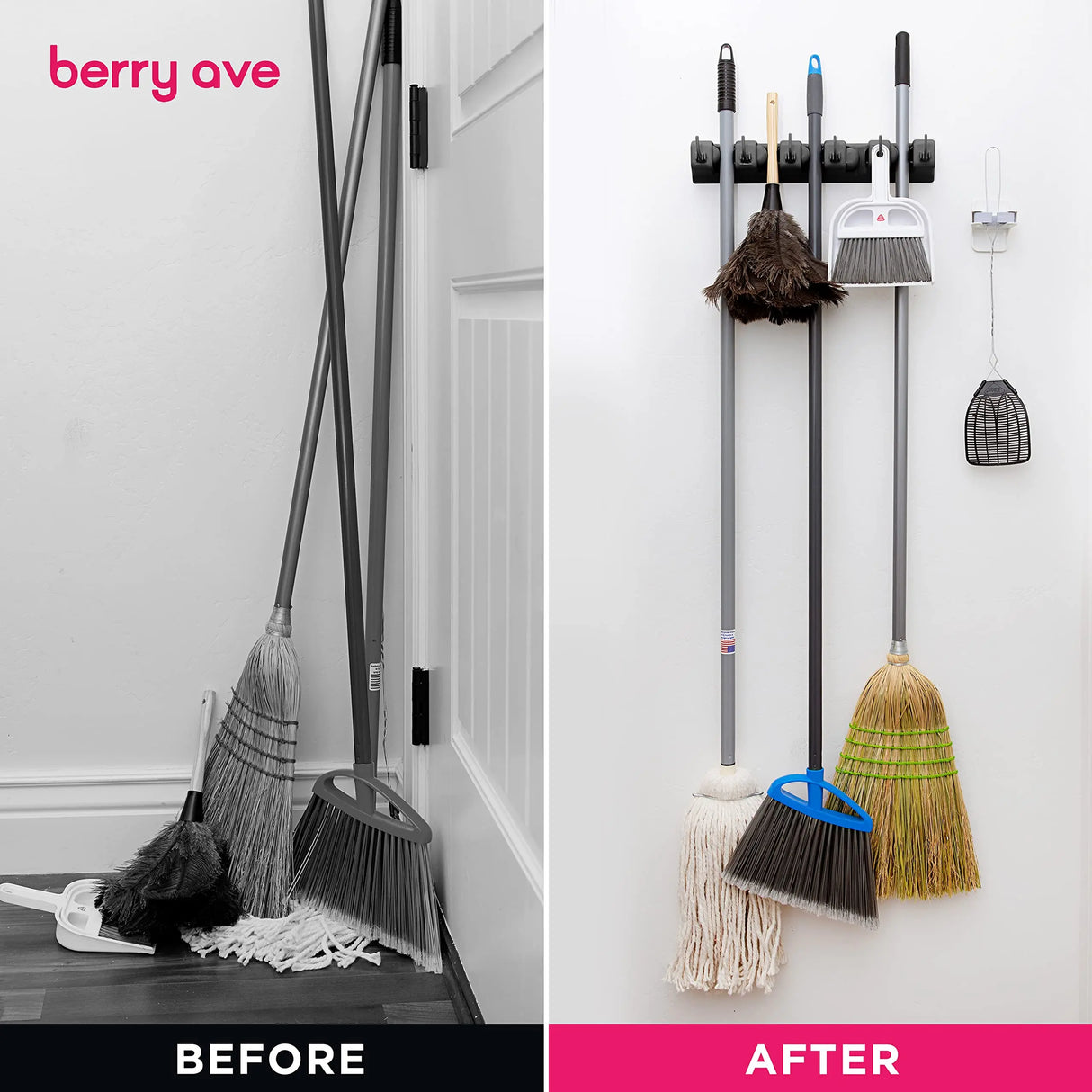 Space-Saving Multi-Functional Broom and Mop Organizer - Wall-Mounted Durable Plastic Holder with Multiple Hooks for Home and Kitchen Storage