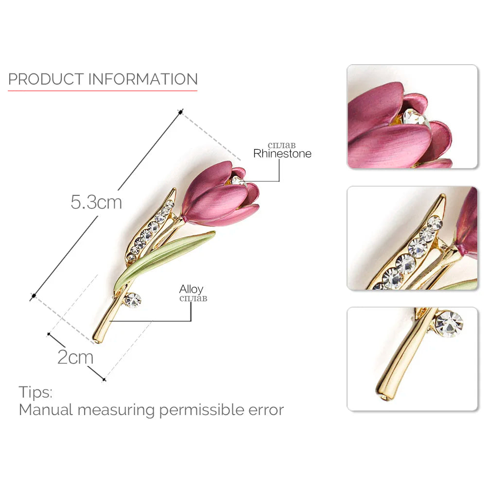 Elegant Tulip Flower Brooch Pin with Sparkling Rhinestones