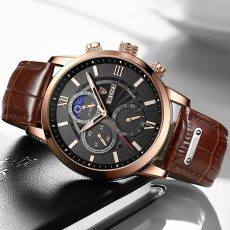 Premium Men's Luxury Quartz Watch with Waterproof Design and Luminous Hands - Brown Leather