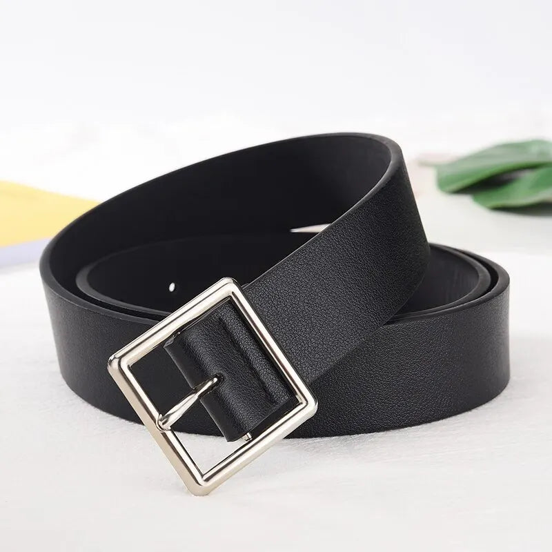 Women's 2023 Black Leather Belt with Square Buckle - Luxury Vintage Strap