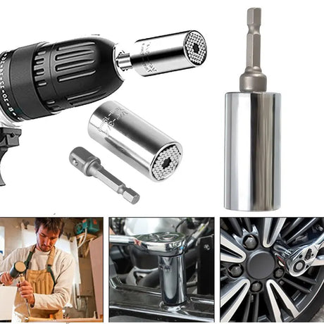 Versatile 7 to 19mm Silvery Magic Socket Wrench Set with Electric Hand Drill Screw Tool Extension Rod