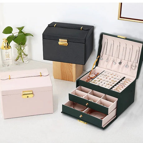 Elegant Tri-Level Lockable Leather Jewelry Storage Box