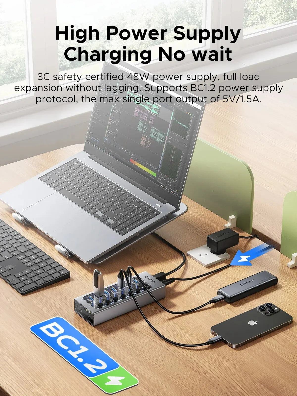 Industrial-Grade Aluminum 7-Port USB3.0 Hub with 12v Power Adapter for Macbook, Mobile Phones, and Tablets