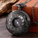 Vintage Charm Black Unisex Quartz Roman Numerals Pocket Watch Necklace