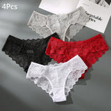 Fashionable Lace Hollow Out Crotchless Briefs Set with 4 Pieces