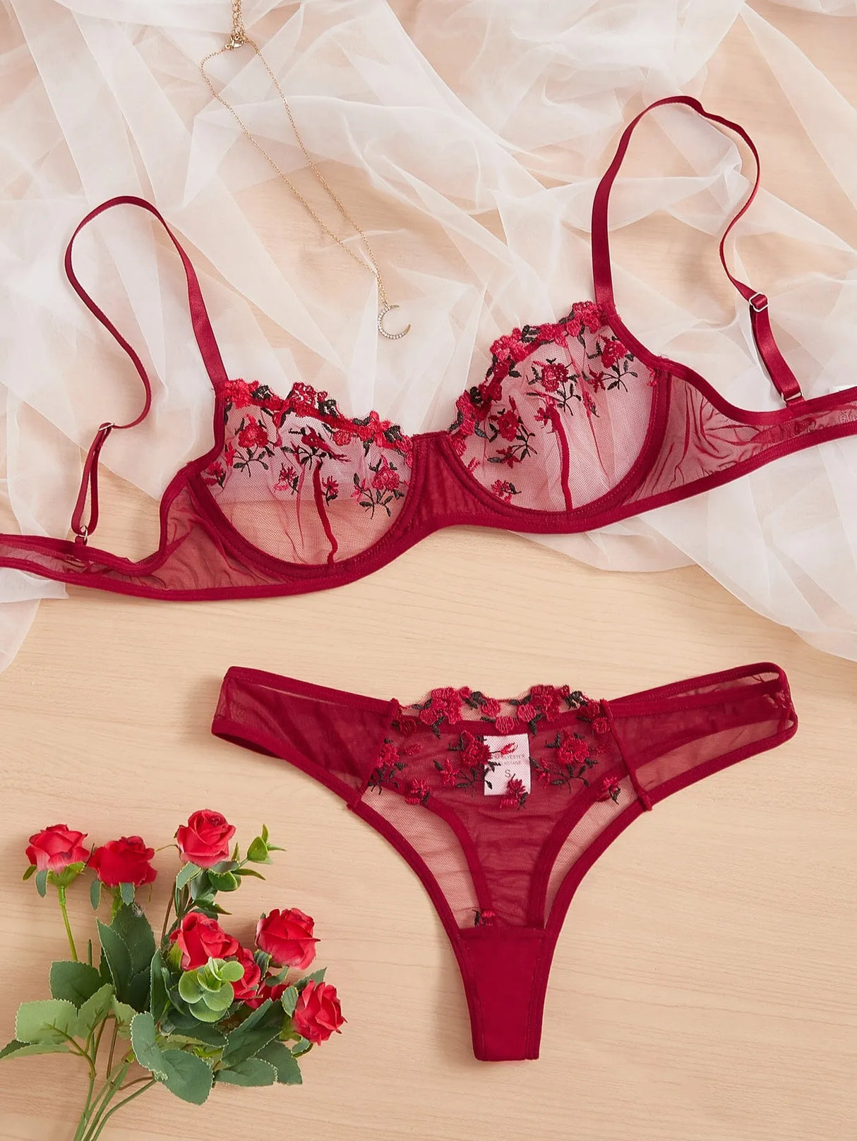 Seductive Embroidered Floral Lingerie Set with Ultra-Thin Bra - Sizes S-4XL