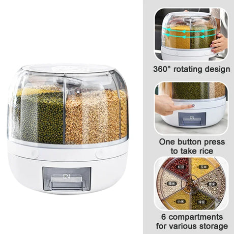 Multi-Compartment Rotating Grain Storage Dispenser with Moisture-Proof Sealing