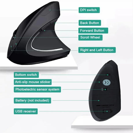 Ergonomic Vertical Wireless Mouse with Adjustable DPI, 6-Button Configuration