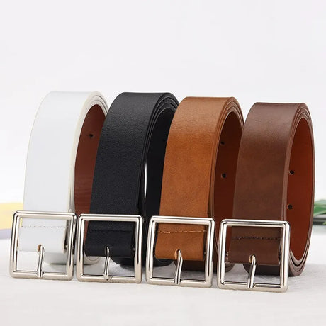 Women's 2023 Black Leather Belt with Square Buckle - Luxury Vintage Strap