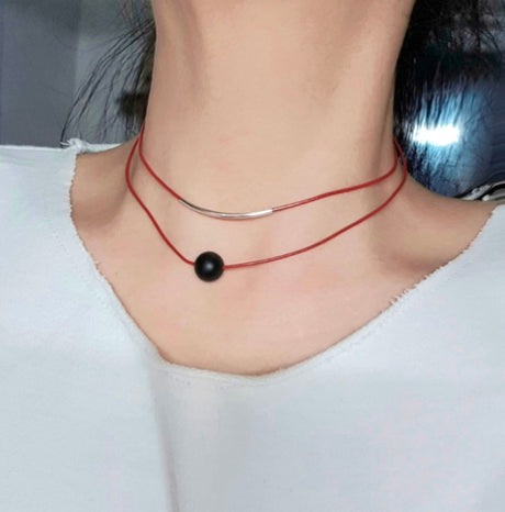 Handcrafted Red natural leather onyx silver two-line necklace/bracelet
