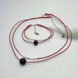 Handcrafted Red natural leather onyx silver two-line necklace/bracelet